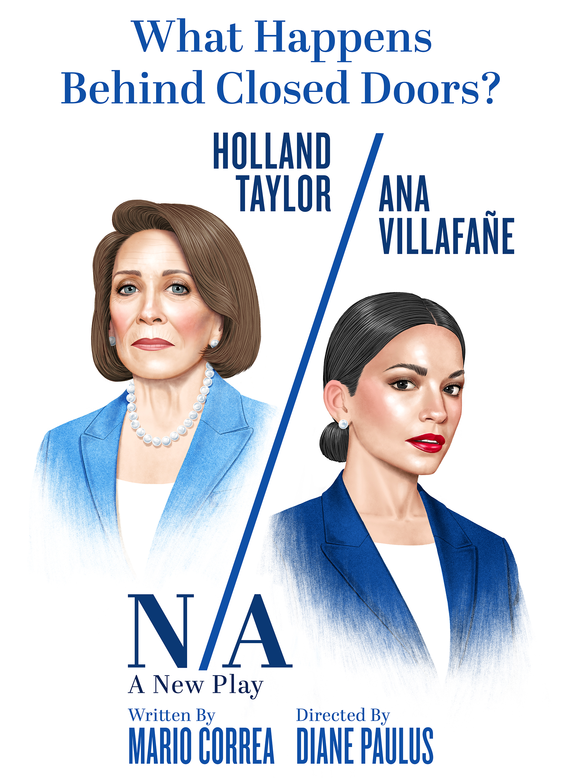 Image: What Happens Behind Closed Doors? N/A starring Holland Taylor as N (Nancy Pelosi) and Ana Villafañe as A (Alexandria Ocasio-Cortez). A New Play written by Mario Correa and directed by Diane Paulus